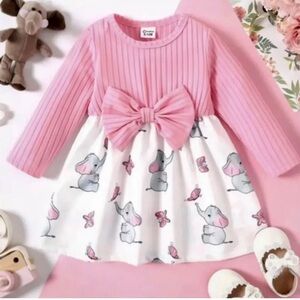 Baby Girls Pink Elephant Large Bow Long Sleeve Fit & Flare Dress Size 12-18M